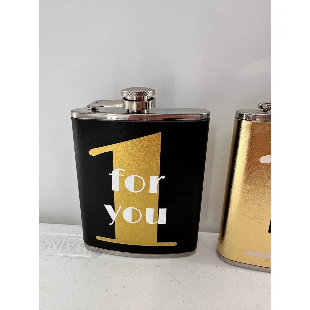 Flask Set of 2 Wild eye designs 1 For Me For You Gold Bar Gift Party Stainless c